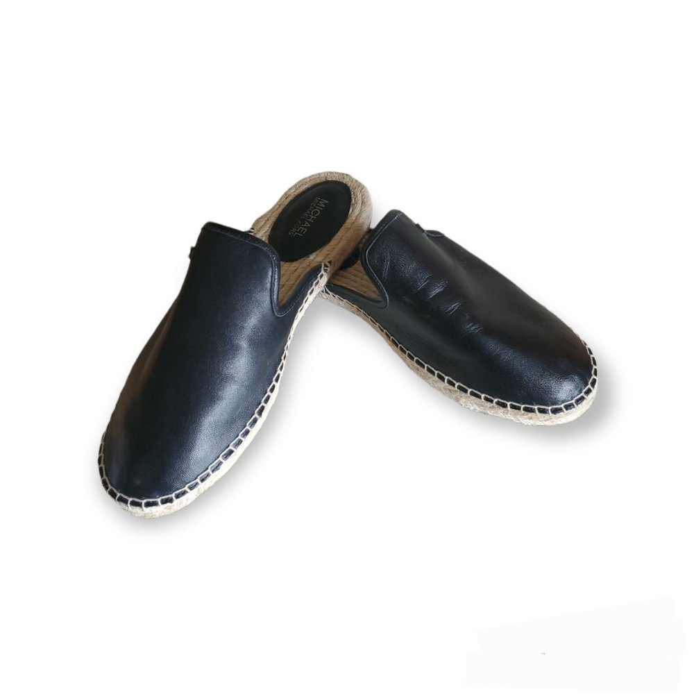 𝅺MICHAEL Michael Kors black Emilia Espadrille Slides Leather sandals-size 7M